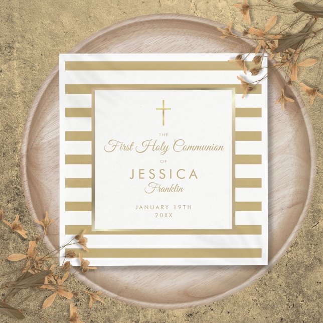 Gold Cross Stripe First Holy Communion Napkins (Gold Cross Stripe First Holy Communion Napkins)