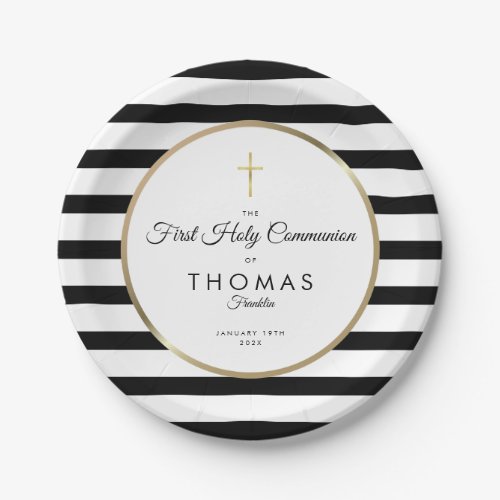 Gold Cross Stripe First Holy Communion Paper Plates