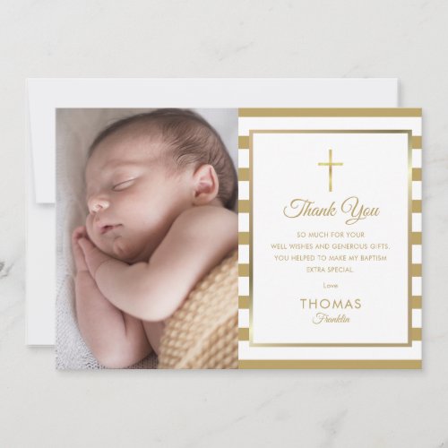 Gold Cross Striped Baptism Christening Photo Thank You Card