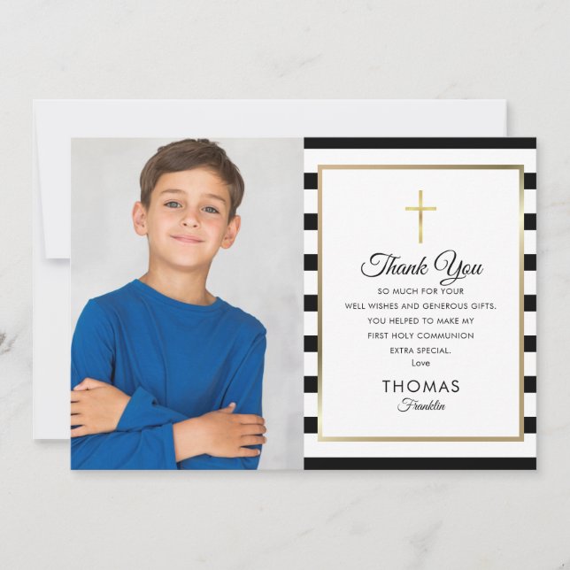 Gold Cross Striped First Holy Communion Photo Thank You Card (Front)