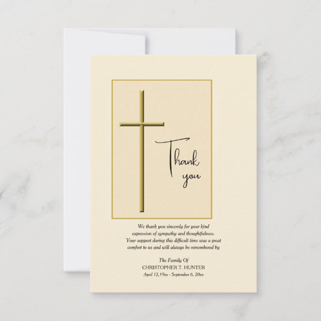 Gold Cross Sympathy Thank You Card (Front)