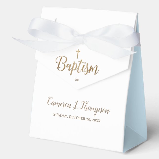 Gold Cross Thank You White Blue Baptism  Favor Boxes (Front)