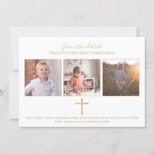 Gold Cross Tri Photo Modern First Communion Invitation