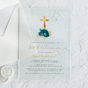 Gold Cross Turquoise Floral First Communion Acrylic Invitations
