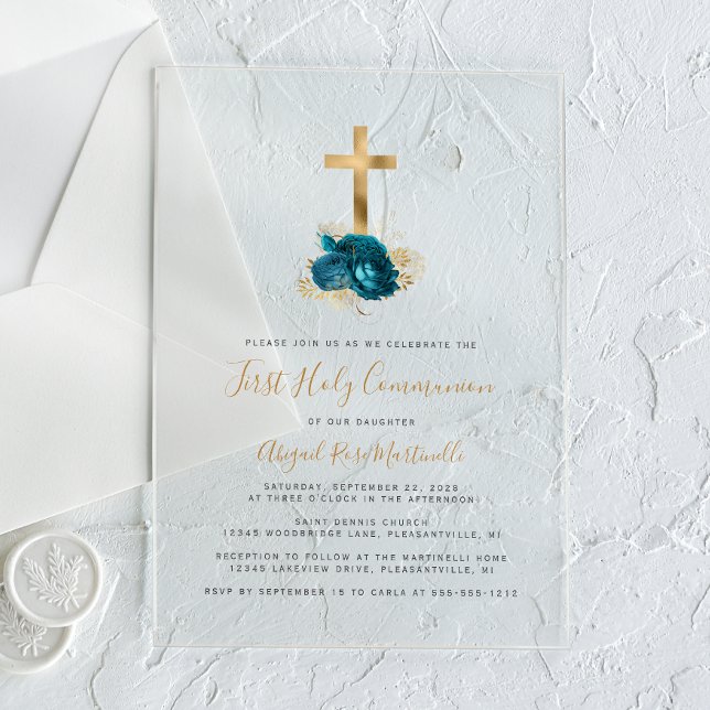 Gold Cross Turquoise Floral First Communion Acrylic Invitations (Creator Uploaded)