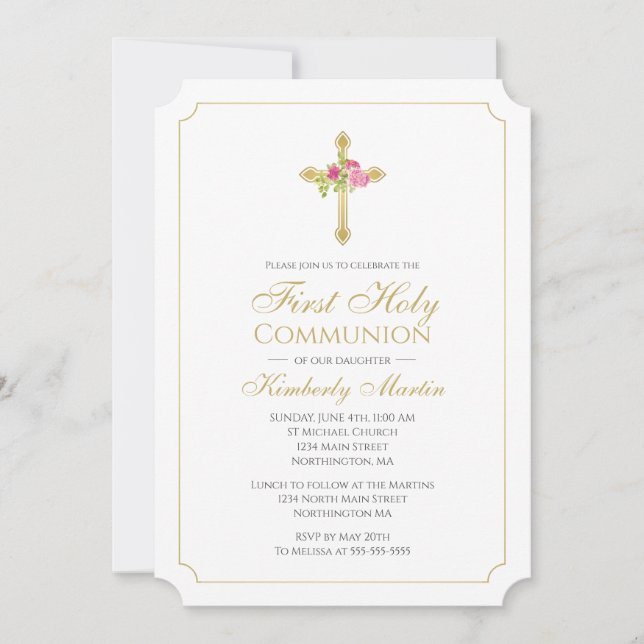Gold Cross w/ Pink Roses Floral First Communion  Invitation (Front)