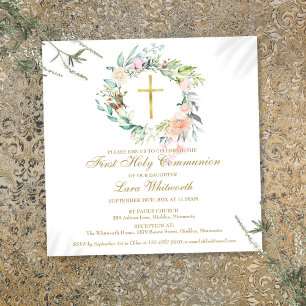 Gold Cross Watercolor Floral First Holy Communion Invitation