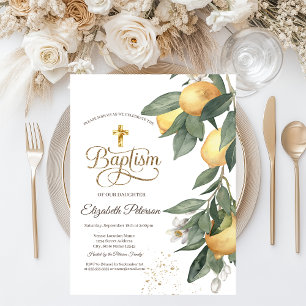 Gold Cross Watercolor Lemons Botanical Green Plaid Invitation