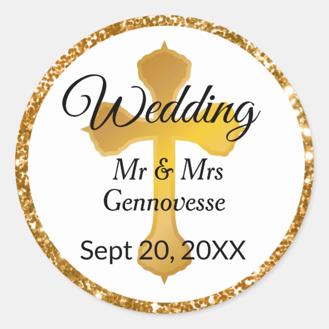 Gold Cross Wedding Favor Stickers Glitter (Front)