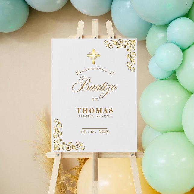 Gold Cross Welcome Sign Spanish Bautizo  (Gold Cross Welcome Sign Spanish Bautizo)