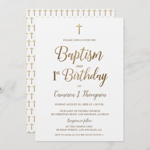 Gold Cross White Baptism 1st Birthday Invitation
