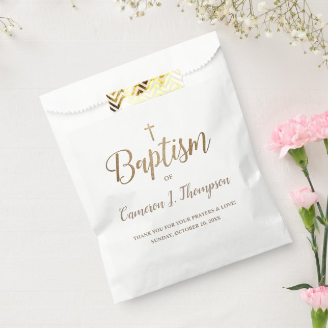Gold Cross White Baptism Simple Thank You  Favor Bag (Sealed)