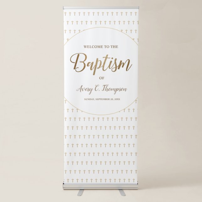 Gold Cross White Simple Welcome to Baby's Baptism Retractable Banner (Front)