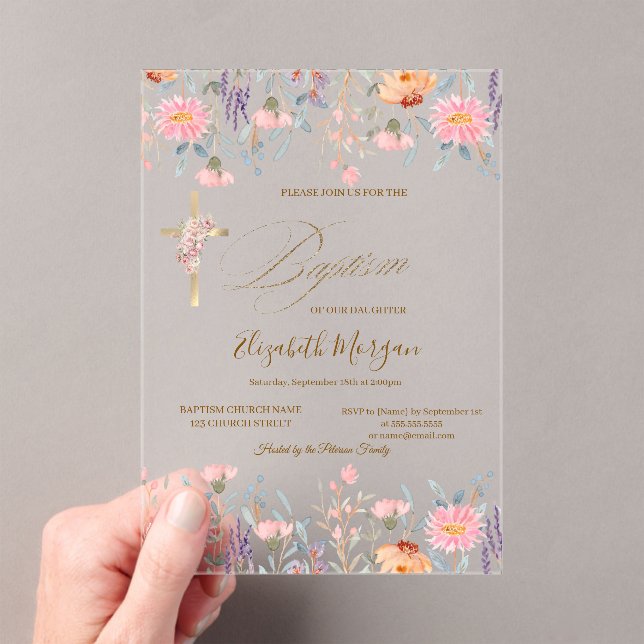  Gold Cross Wildflowers Pink Baptism  Acrylic Invitations (Insitu (Handheld))