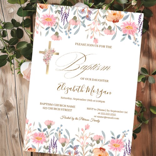 Gold Cross Wildflowers Pink Baptism  Invitation