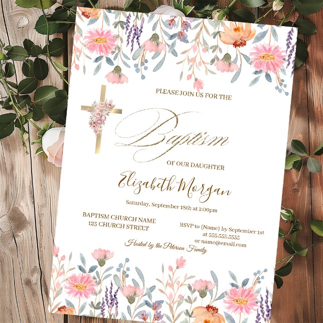  Gold Cross Wildflowers Pink Baptism  Invitation (Creator Uploaded)