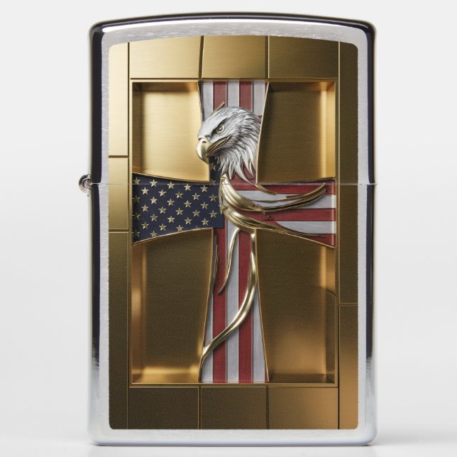 Gold Cross with American Flag and Eagle Zippo Lighter (Front)