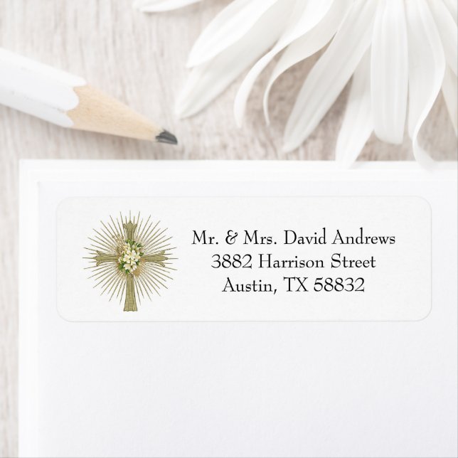 Gold Cross with White floral Wedding Engagement Label (Insitu)