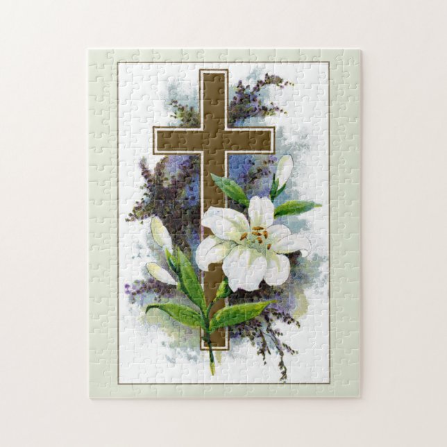 Gold Cross With White Flower Jigsaw Puzzle (Vertical)