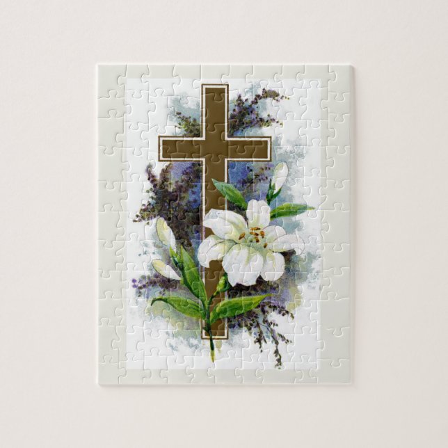 Gold Cross With White Flower Jigsaw Puzzle (Vertical)