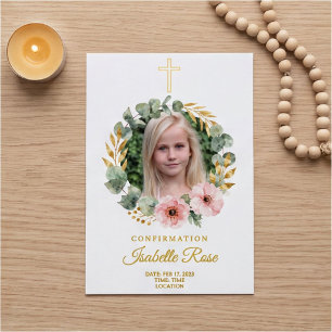 Gold Cross Wreath Photo Confirmation Invitation Foil Invitation