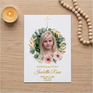 Gold Cross Wreath Photo Confirmation Invitation Foil Invitation