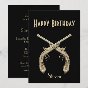 Gold Crossed Pistols Black Birthday Party Invitation