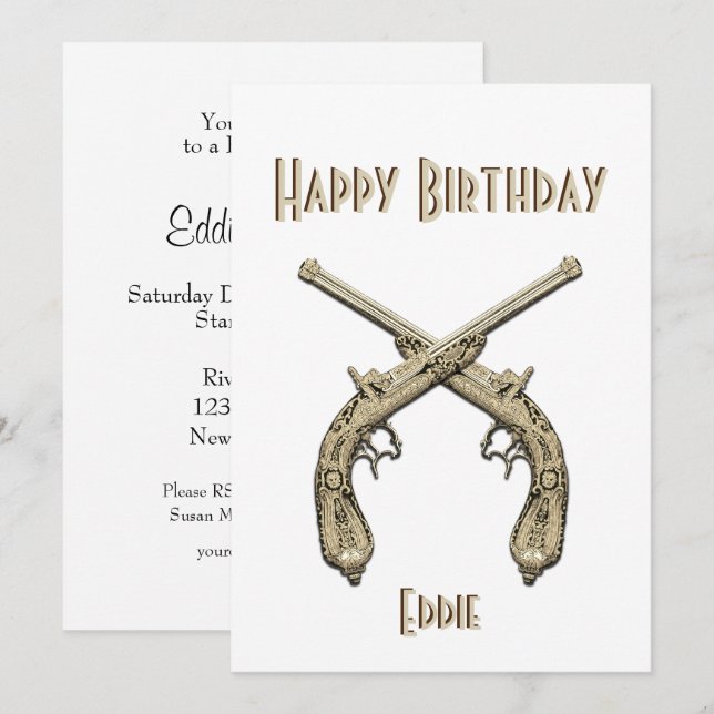 Gold Crossed Pistols Blue Birthday Party   Invitat Invitation (Front/Back)
