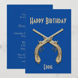 Gold Crossed Pistols Blue Birthday Party   Invitation