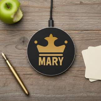 Gold Crown and Custom Name on Black Wireless Charger