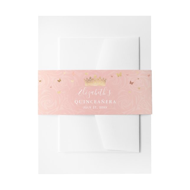 Gold Crown and Floral Blush Pink Rose Elegant Invitation Belly Band (Front Example)