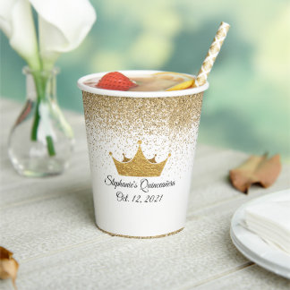 Gold Crown and Glitter Quinceañera Paper Cups