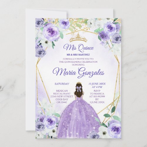 Gold Crown and Purple Flowers Quinceaera Invitation