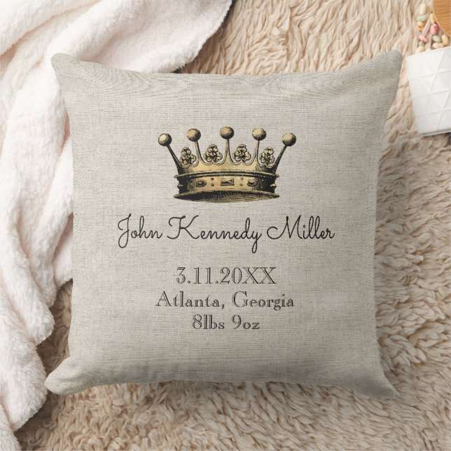 Gold Crown Beige Baby Birth Announcement Keepsake Throw Pillow (Blanket)