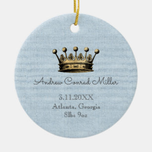 Gold Crown Blue Baby Boy Birth Announcement  Ceramic Ornament