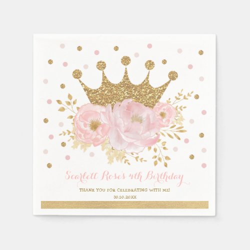 Gold Crown Blush Pink Floral Princess Birthday Napkins