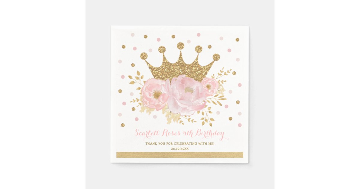 Gold Crown Blush Pink Floral Princess Birthday Napkins | Zazzle