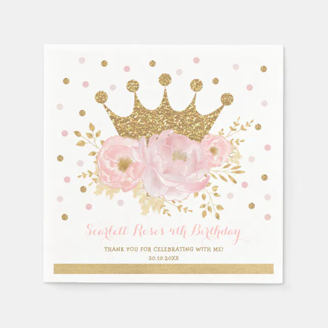 Gold Crown Blush Pink Floral Princess Birthday Napkins | Zazzle