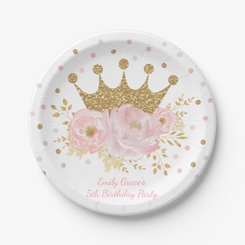 Gold Crown Blush Pink Floral Royal Princess Paper Plates