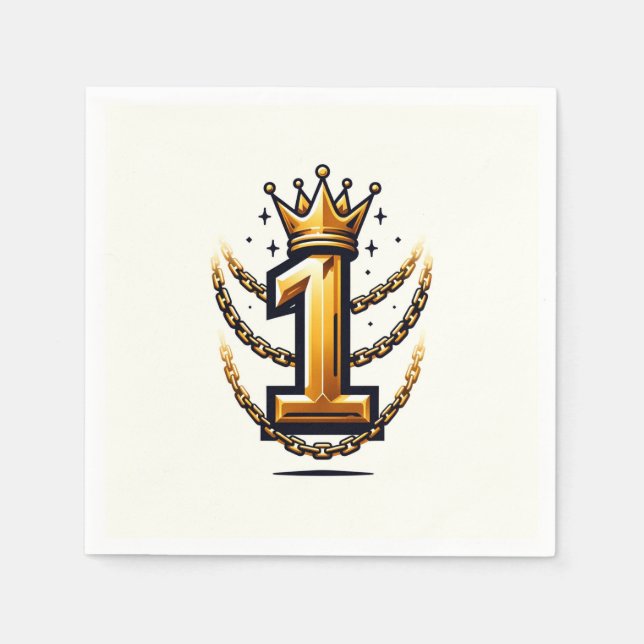 Gold Crown Chain Drip 1 #1 1st Birthday Party Napkins (Front)