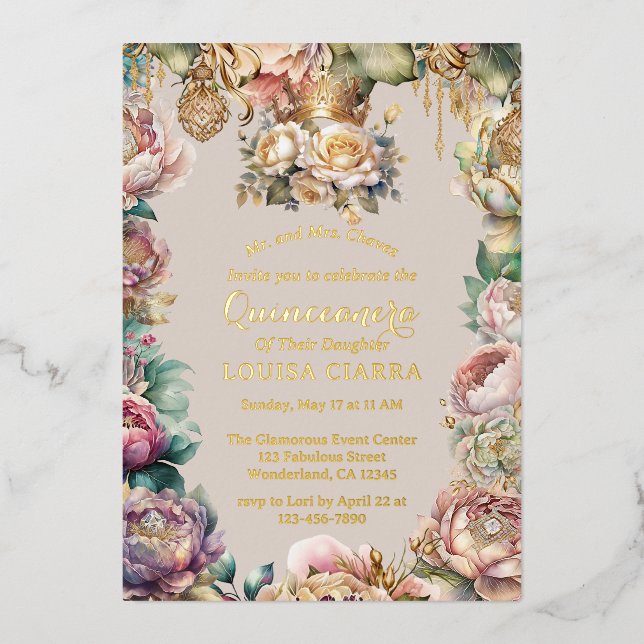 Gold Crown Diamond Flowers Quinceanera  Foil Invitation (Front)