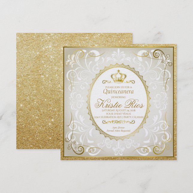 Gold Crown, Elegant, Quinceanera Invitation (Front/Back)