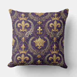 Gold Crown Fleur-de-lis Royal Purple Pattern Print Throw Pillow