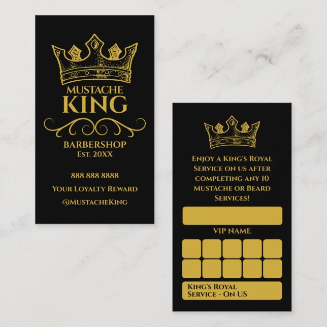 Gold Crown King Mustache Barbershop Reward Loyalty Card (Front/Back)