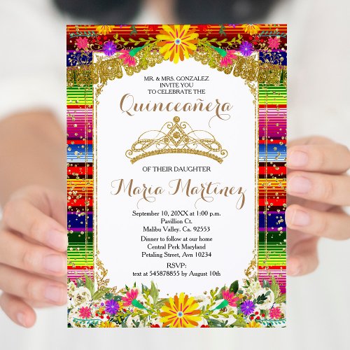 Gold Crown Mexico Floral Quinceaera Invitation