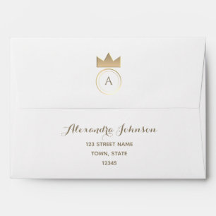Gold Crown Monogram Navy Blue Return Address Envelope