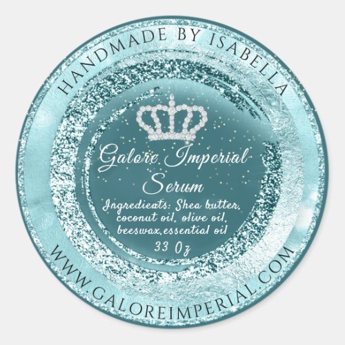 Gold Crown Name Body Cosmetic Blue Glitter Teal Classic Round Sticker