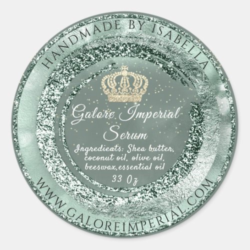 Gold Crown Name Body Cosmetic Green Glitter Frame  Classic Round Sticker