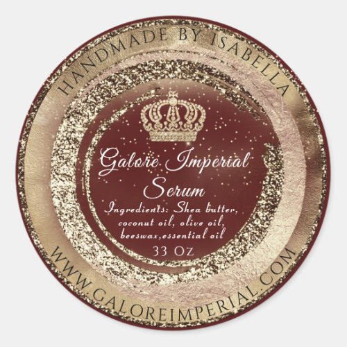 Gold Crown Name Burgundy Glitter Body Cosmetics  Classic Round Sticker