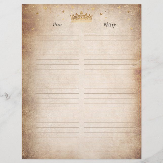 Gold Crown Parchment Paper Guest Book Filler Pages (Front)